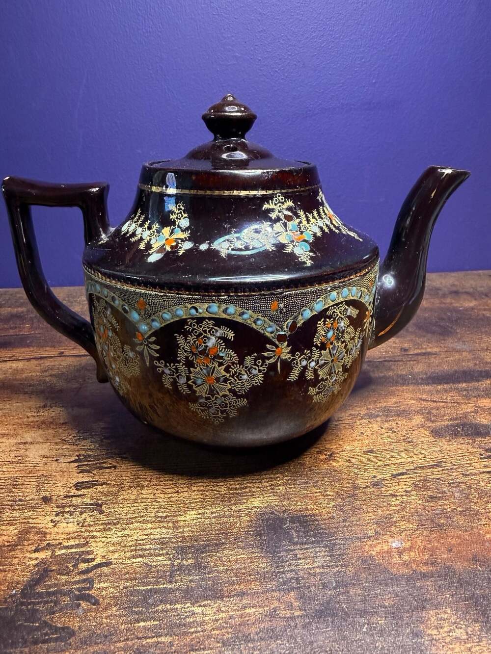 Vintage Brown Glazed Ceramic Teapot Gold Moriage Floral Beading Made in England